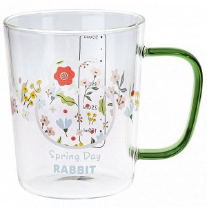 Кружка стеклянная "Весна" 580мл, д9,4см h11,5см, д/основания 6,5см, тонкостенное стекло, деколь в ассортименте, с мерной шкалой, цветная ручка, в коробке (Китай)