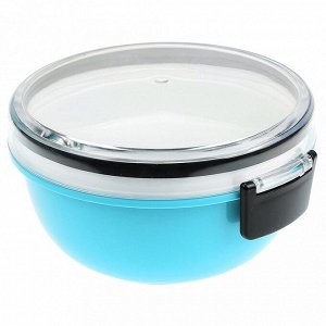 Ланч-бокс для продуктов пластмассовый "Обед Люкс" д16см h9,5см, 2 уровня: 0,38л, д15см h3,4см; 0,6л, д16см h6,8см, с ложкой 13,5см, крышка прозрачная, с клипсами, с уплотнителем, цвета в ассортименте: