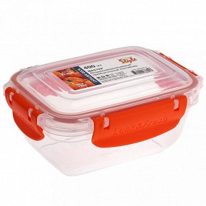 Контейнер для продуктов пластмассовый "Мастер" 0,4л, прямоугольный, с клипсами, воздухонепроницаемый (герметичный), съемный силиконовый уплотнитель, подходит для СВЧ, цвета микс (Россия)