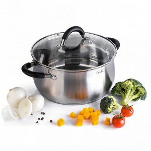 Кастрюля из нержавеющей стали "Шелборн" 5,2л, д24см, h11,5см, s0,6мм, дно s2,8мм, стеклянная жаропрочная крышка, стальной обод, пароотвод, силиконовые вставки черного цвета, капсулированное дно, полир
