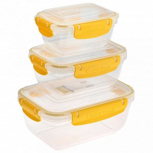 Контейнер для продуктов пластмассовый "Мастер" набор 3шт: 0,4л, 0,8л, 1,4л, прямоугольный, с клипсами, воздухонепроницаемый (герметичный), съемный силиконовый уплотнитель, подходит для СВЧ (Россия)
