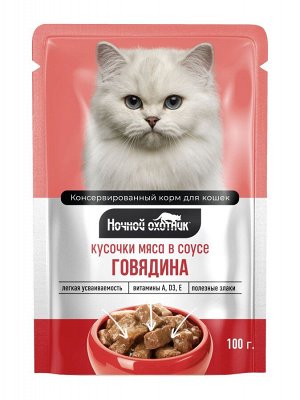 Пауч 100гр. "НОЧНОЙ ОХОТНИК" для кошек СОУС - ГОВЯДИНА 1*24шт.