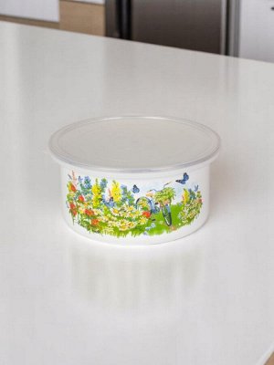 Салатник эмалированный, 1,9 л, с пластмассовой крышкой, цилиндр., ободковая,  эмаль. сталь, белый, с декором