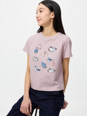 UNIQLO UT - укороченная футболка с принтом животных в стиле Ukiyo-e - 10 PINK