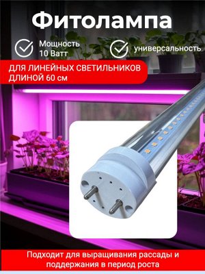 Фитолампа для растений 10 Вт, розовая, без светильника, рост растений, размер D26x590 мм, защищенность IP40 LED T8 ECO 10Вт G13