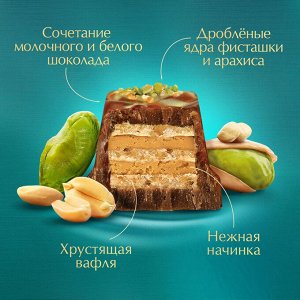 Молочный и белый шоколад с вафлей, со вкусом фисташки, декорированный фисташкой и арахисом, 102 г, Комильфо