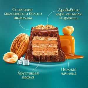 Молочный и белый шоколад с вафлей, со вкусами миндаля и солёной карамели, декорированный миндалём и арахисом, 102 г