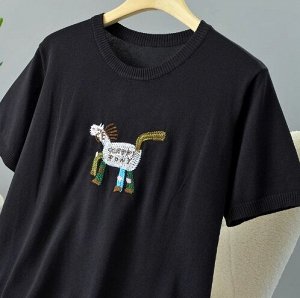 Футболка трикотажной вязки с круглым вырезом и вышивкой, черный