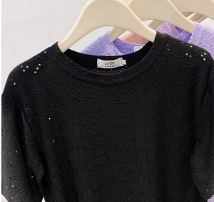 Футболка из ажурной ткани "шитье" с круглым вырезом, черный