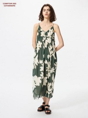 UNIQLO Cotton Rayon Printed Strap Dress – cарафан на бретелях из хлопка и вискозы с принтом - 59 DARKGREEN