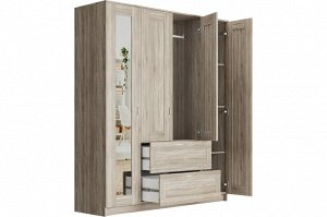 СИРИУС Шкаф платяной 4-дверный с 1 зеркалом и 2 ящиками, дуб сонома. 190х156х50см
