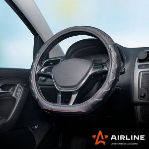 Оплетка на руль Airline, рельефная с карбоновой текстурой, D-образная, экокожа, черный цвет, размер M (37-39см), арт. ADWO005