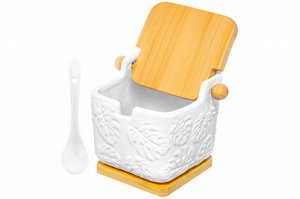 Банка для сыпучих продуктов 300 мл с ложкой и деревянной подставкой, 12x9x9.5 см, "Тропики"