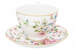 Чайный набор 2 пр. 300 мл "Яблоневый цвет на белом", NEW BONE CHINA, на ножке, 12,5*9,5*7 см