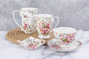 Чайный набор 2 пр. 300 мл "Яблоневый цвет на белом", NEW BONE CHINA, на ножке, 12,5*9,5*7 см