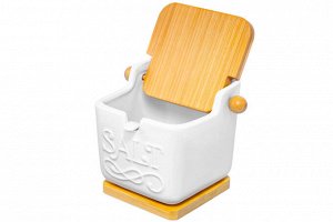 Банка для соли 300 мл с ложкой и бамбуковой крышкой, 12x9x9.5 см