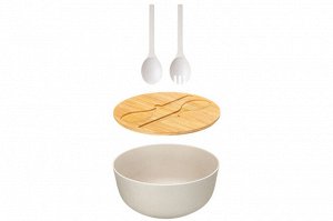 Салатник 25x25x11.7 см, 4 л с бамбуковой крышкой и столовыми приборами, бежевый