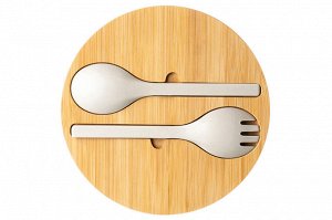 Салатник 25x25x11.7 см, 4 л с бамбуковой крышкой и столовыми приборами, бежевый