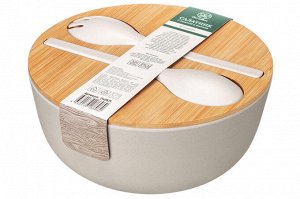 Салатник 25x25x11.7 см, 4 л с бамбуковой крышкой и столовыми приборами, бежевый