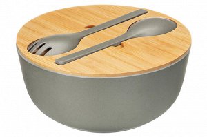Салатник 25x25x11,7 см, 4 л с бамбуковой крышкой и столовыми приборами, серый