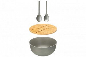 Салатник 25x25x11,7 см, 4 л с бамбуковой крышкой и столовыми приборами, серый