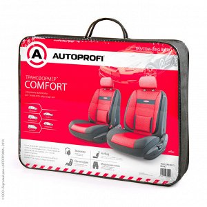 Авточехлы Трансформеры COMFORT, экокожа, спинка из эласт. экокожи, 6 предм., анатом. поддержки, карман, липучки, широкие резинки, AIRBAG,  передний ряд, чёрн./красный