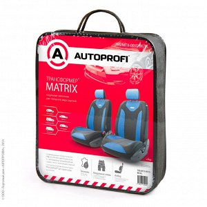 Авточехлы Трансформеры MATRIX, экокожа, спинка из эласт. экокожи, 6 предм., карман, липучки, широкие резинки, AIRBAG,  передний ряд, чёрн./синий