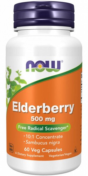 Elderberry NOW Foods 500 мг, 60 капсул, для поддержки иммунной системы