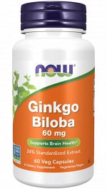 Гинкго Билоба NOW Foods, 60 мг, 60 растительных капсул