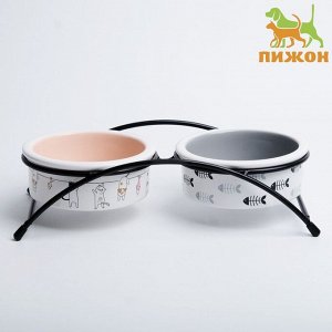 Набор мисок керамических на подставке, 2 х 250 мл - 13 х 5 см, бежевая и серая