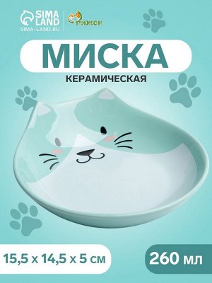 Миска керамическая «Голова кота 3» 260 мл 15.5x14.5x5 cм, зелёная