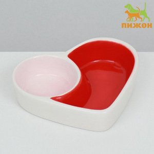 Миска керамическая "Сердце", двойная 13 и 30 мл - 10 х 8 см, белая/розовая/красная