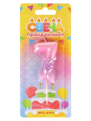 Свеча для торта "Русалка", розовая. Цифра "2",  на блистере 14*9,5*1,5 см