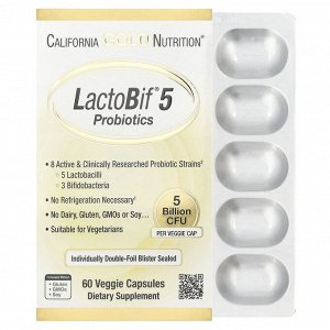 California Gold Nutrition, LactoBif® 5, пробиотики, 5 млрд КОЕ, 60 растительных капсул