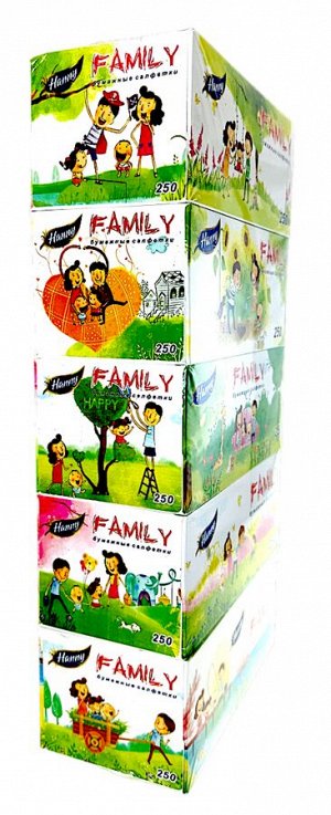Салфетки-выдергушки HANNY "FAMILY", 2 слоя, 250 штук в картонном боксе, продажа стяжками по 5 боксов