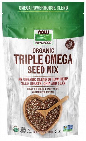 Органическая смесь семян Тройная Омега NOW Foods, 340 г (12 oz), источник Омега-3, белка и клетчатки, для смузи, салатов и здорового питания