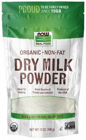 Органическое обезжиренное сухое молоко NOW Foods, 340 г — натуральный источник белка и кальция для приготовления напитков, выпечки и кулинарии