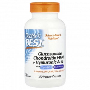 Doctor&#039;s Best, глюкозамин, хондроитин, МСМ и гиалуроновая кислота с OptiMSM® и BioCell Collagen®, 150 растительных капсул