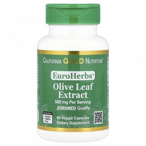 California Gold Nutrition, EuroHerbs™, экстракт листьев оливкового дерева, качество Euromed, 500 мг, 60 растительных капсул