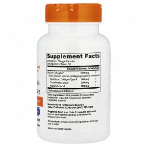 Doctor's Best, BioCell Collagen, гиалуроновая кислота и хондроитинсульфат, 60 вегетарианских капсул