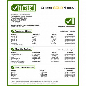 California Gold Nutrition, Immune Complex+, комплекс для укрепления иммунитета с витаминами A, C и D, цинком и селеном, 60 растительных капсул