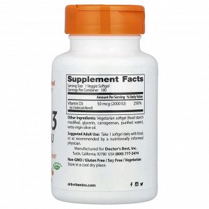 Doctor's Best, Витамин D3, 50 мкг (2000 МЕ), 180 растительных капсул