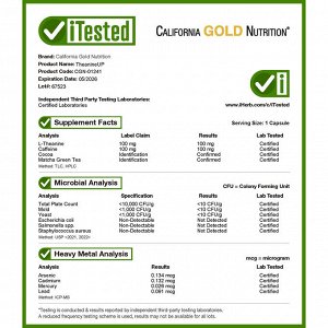 California Gold Nutrition, TheanineUP ™, L-теанин с кофеином, какао и матча, 60 растительных капсул