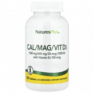 NaturesPlus, комплекс с кальцием, магнием, витаминами D3 и К2, 180 таблеток