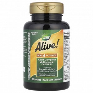 Nature's Way, Alive! Max6 Potency, мультивитамины повышенной эффективности, без добавления железа, 90 капсул