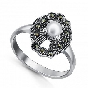 Серебряное кольцо, 210006A-39, жемчуг, марказит