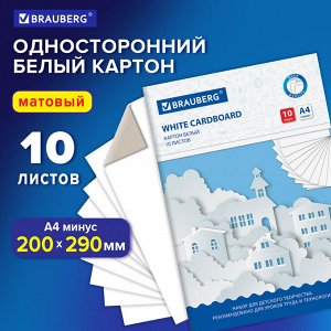 Картон белый А4 немелованный, 10 листов, в папке, BRAUBERG, 200х290мм, Домики, 113564