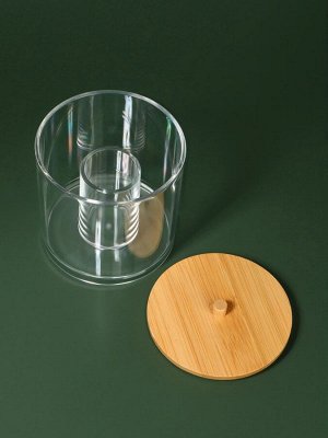 Органайзер для ватных палочек «BAMBOO», с крышкой, d=9.5x9.7 см, прозрачный, коричневый