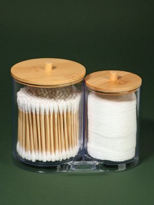 Органайзер для ватных палочек и дисков BAMBOO, с крышкой, 15.5x8.5x12 см, прозрачный, коричневый