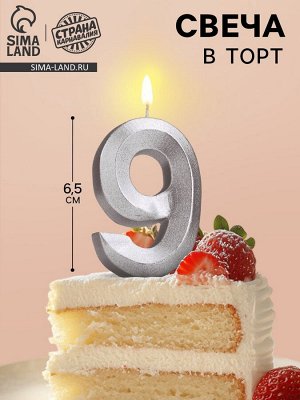 Свеча в торт «Цифра 9», серебряная, 6.5 см